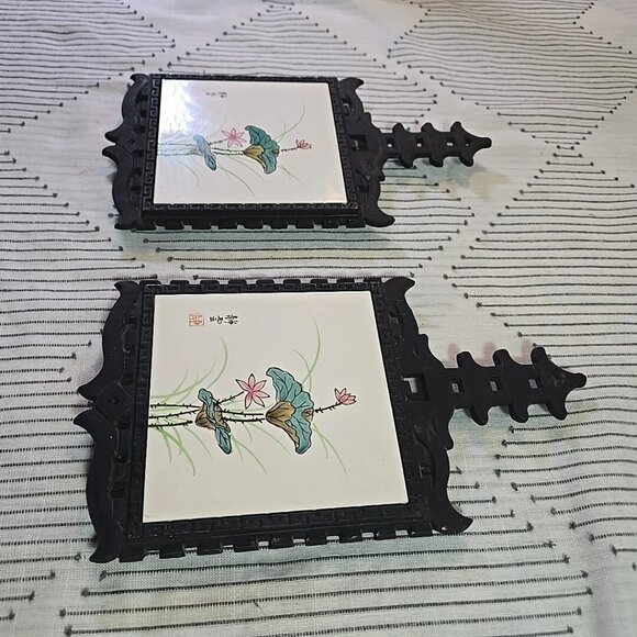 2 Vintage MCM Black Cast Iron Pagoda & Tile Floral Trivets FM Japan 10" - Picture 3 of 5